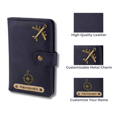 AICA Personalised Name & Charm Leather Passport Cover (NavyBlue)