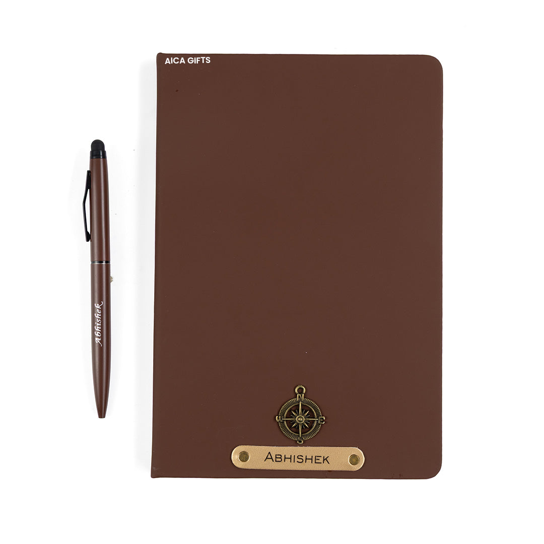 Aica Personalized Black Leather Diary & Golden Pen Combo for Men & Women | Customized Name & Charm, Matching Pen & Journal, Corporate Office Gifts for Staff, Employees, Clients, Managers, Bosses (Dark Brown)