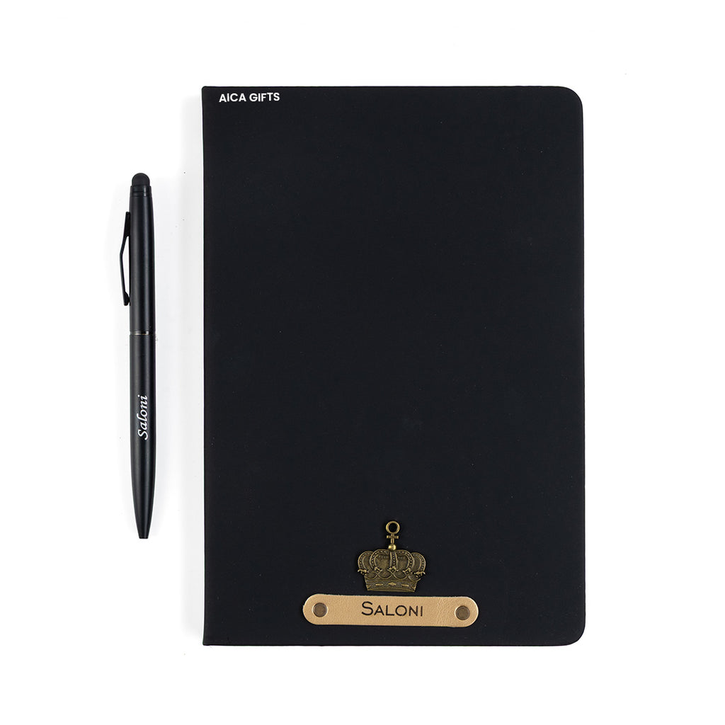 AICA Personalized Name & Charm Notebook Leather Diary - A5 Size, 180 Ruled Pages (Black) & Pen Golden for Men & Women
