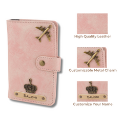 AICA Personalised Name & Charm Leather Passport Cover Holder for Men & Women (BabyPink)