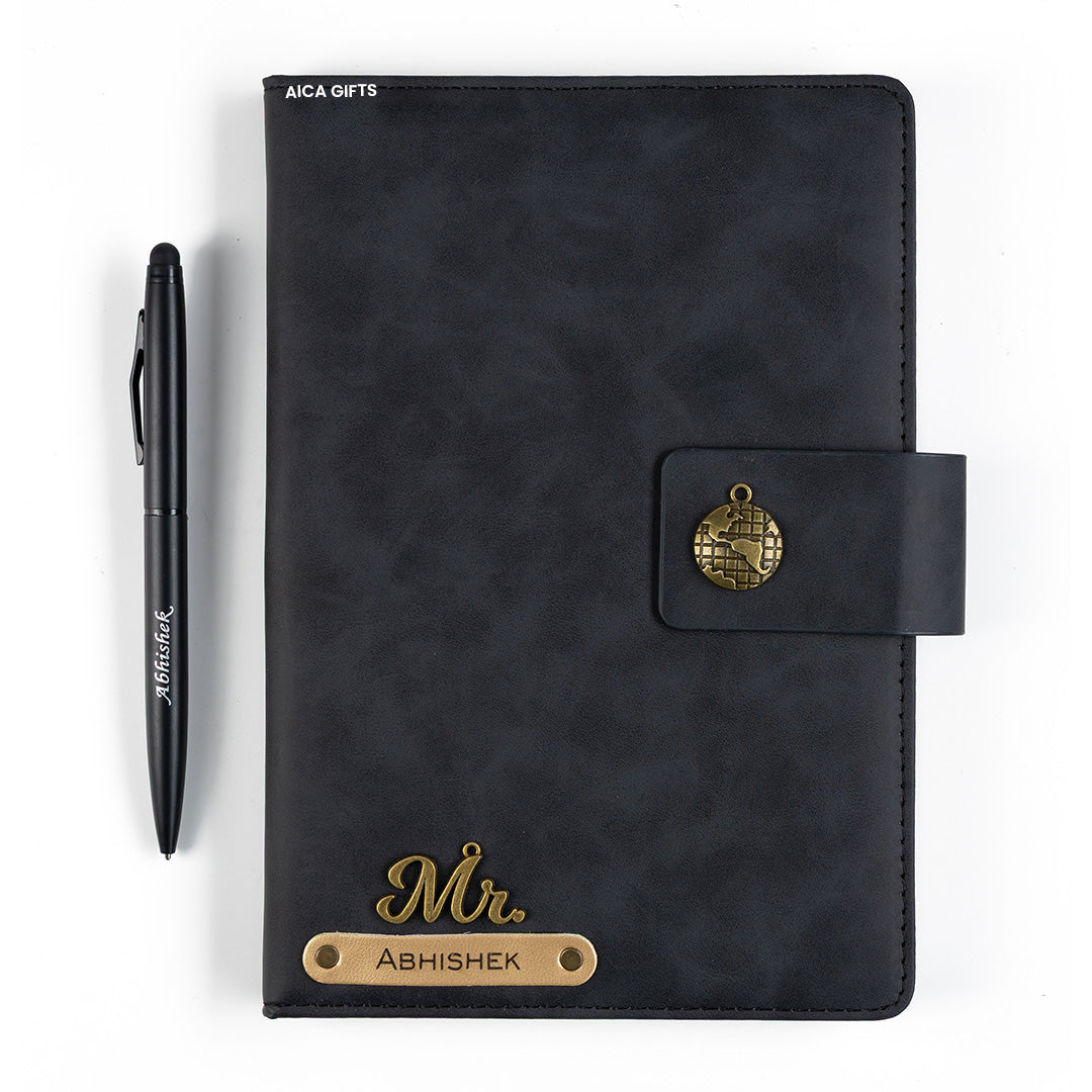 AICA Personalized Name & Charm Leather Magnetic Diary & Pen Combo (Black)