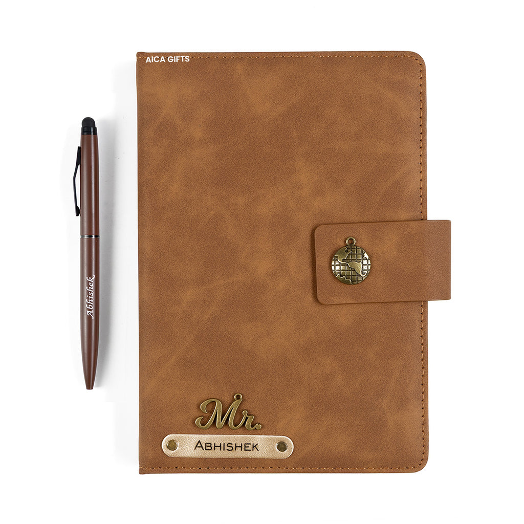 AICA Personalized Name & Charm Leather Magnetic Diary & Pen Combo (Brown)