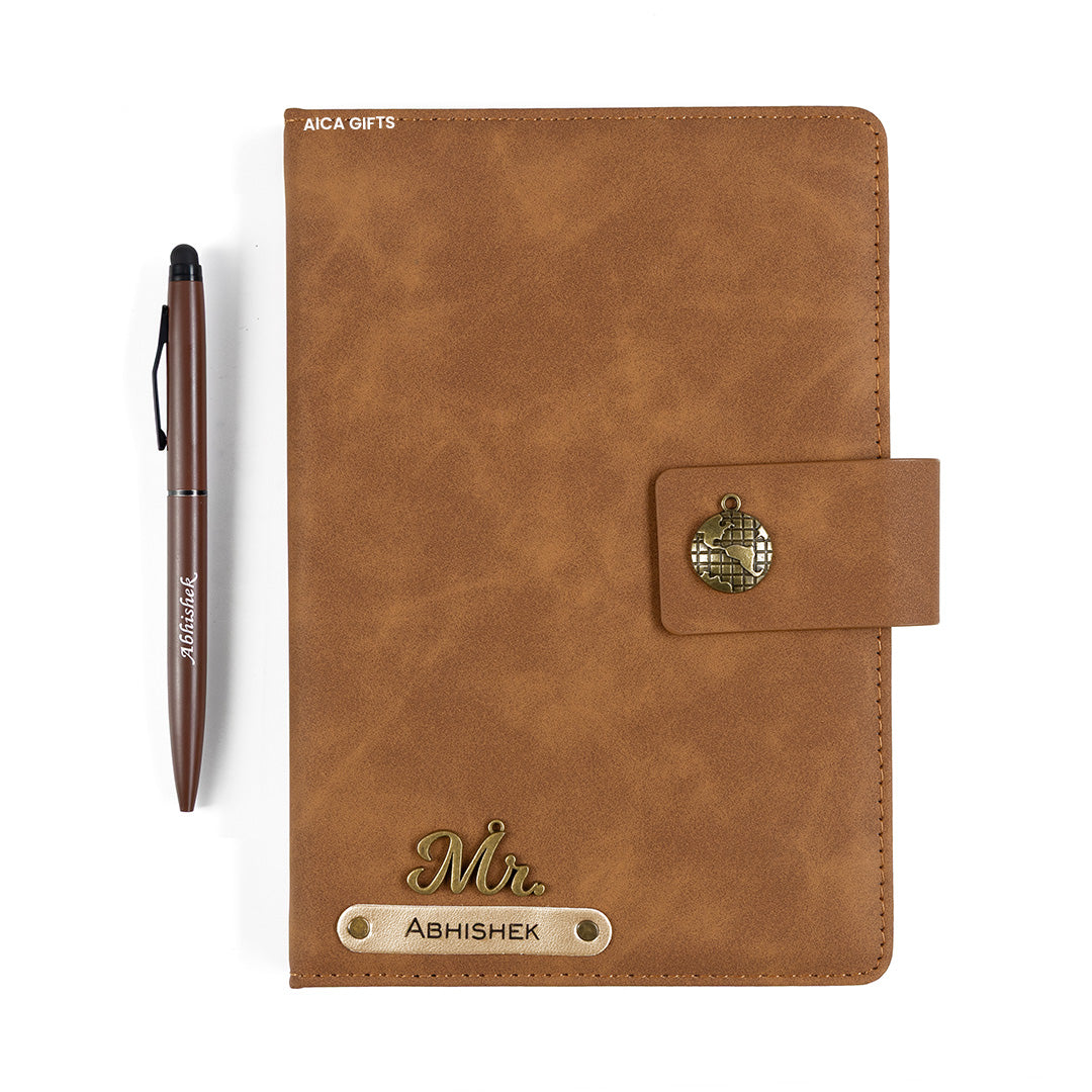 AICA Personalized Name & Charm Leather Magnetic Diary & Pen Combo (Brown)