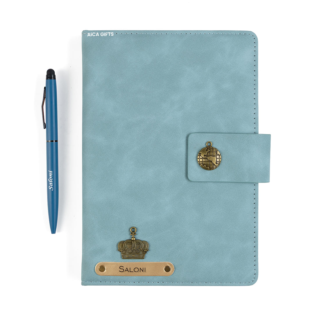 AICA Personalized Name & Charm Leather Magnetic Diary & Pen Combo (Light Blue)