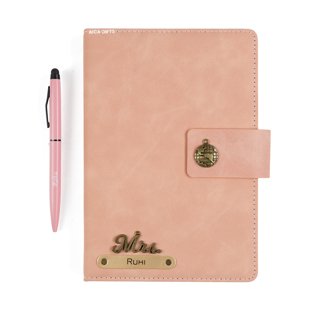 AICA Personalized Name & Charm Leather Magnetic Diary & Pen Combo (Nude Pink)