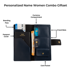 AICA Personalized Name & Charm Long Leather Wallet Passport Cover with Passport, Boarding Pass, Currency, Card Slot & Coin Holder for Men & Women (Navy Blue)