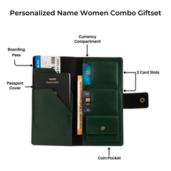 AICA Personalized Name & Charm Long Leather Wallet Passport Cover with Passport, Boarding Pass, Currency, Card Slot & Coin Holder for Men & Women (Dark Green)