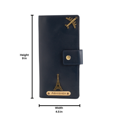 AICA Personalized Name & Charm Long Leather Wallet Passport Cover with Passport, Boarding Pass, Currency, Card Slot & Coin Holder for Men & Women (Navy Blue)