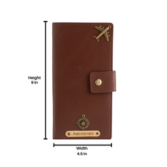 AICA Personalized Name & Charm Long Leather Wallet Passport Cover with Passport, Boarding Pass, Currency, Card Slot & Coin Holder for Men & Women (Dark Brown)