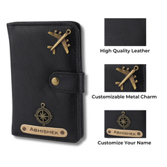 AICA Personalised Name & Charm Leather Passport Cover Holder for Men & Women (Black)