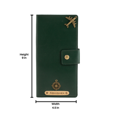 AICA Personalized Name & Charm Long Leather Wallet Passport Cover with Passport, Boarding Pass, Currency, Card Slot & Coin Holder for Men & Women (Dark Green)