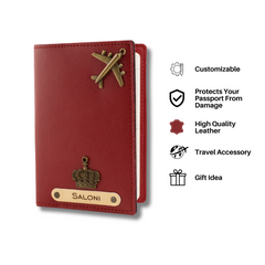 AICA Personalised Name & Charm Leather Passport Cover Holder for Men & Women (Wine)