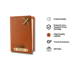 AICA Personalised Name & Charm Leather Passport Cover (TanBrown)