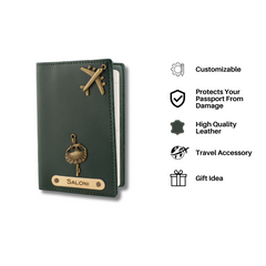 AICA Personalised Name & Charm Leather Passport Cover Holder for Men & Women (DarkGreen)