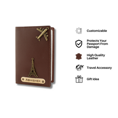 AICA Personalised Name & Charm Leather Passport Cover Holder for Men & Women (Darkbrown)