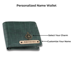 AICA Personalized Name & Charm Self – Textured Leather Mens Wallet (DarkGreen)