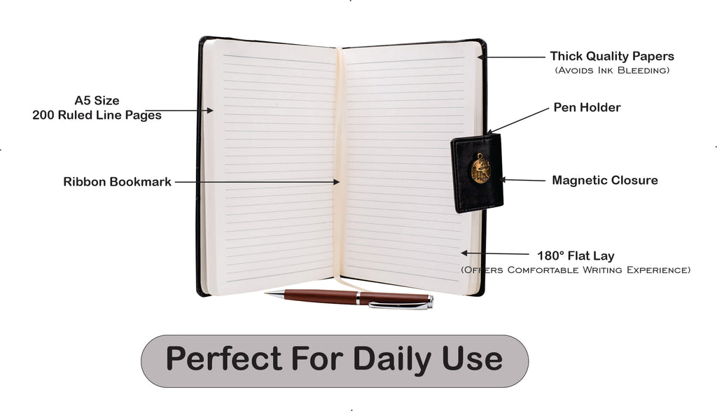 AICA Personalized Name & Charm Leather Notebook Diary -A5 Size, 200 Ruled Pages (Black)|Customized Christmas Secret Santa Daily Journal Diaries Diary Gifts for Men Women Friends Family Office Staff