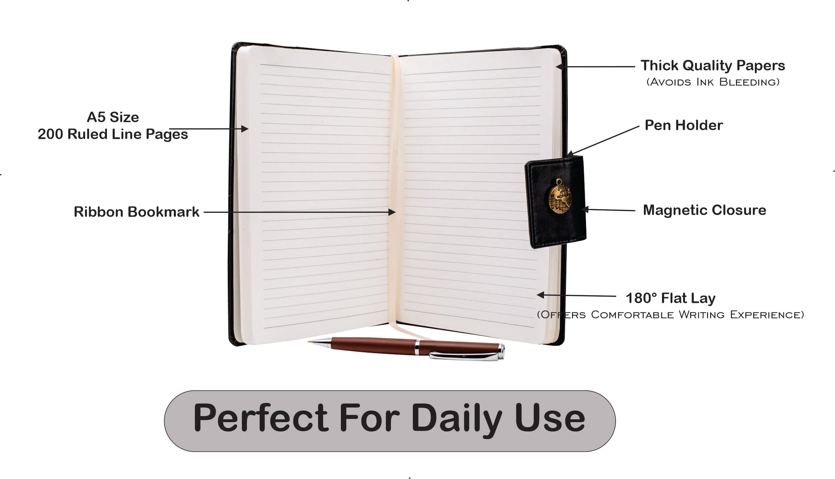AICA Personalized Name & Charm Leather Notebook Diary -A5 Size, 200 Ruled Pages (Black)|Customized Christmas Secret Santa Daily Journal Diaries Diary Gifts for Men Women Friends Family Office Staff