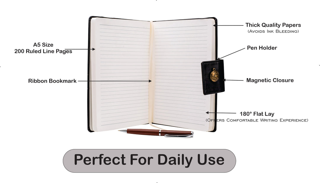 AICA Personalized Name & Charm Leather Notebook Diary -A5 Size, 200 Ruled Pages (Black)|Customized Christmas Secret Santa Daily Journal Diaries Diary Gifts for Men Women Friends Family Office Staff