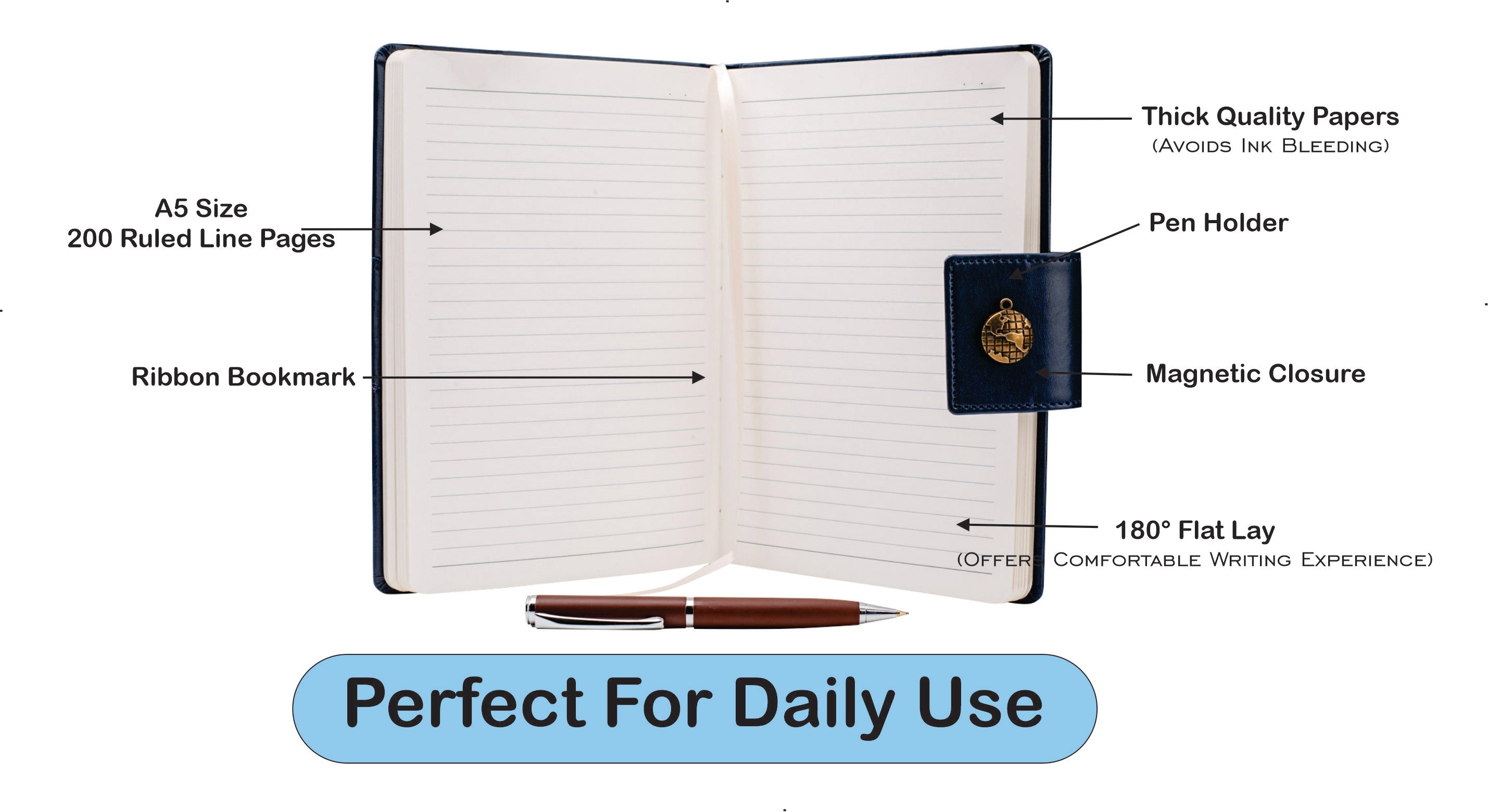 Aica Personalized Name & Charm Leather Notebook Diary Organizer - A5 Size, 200 Ruled Pages (Navy Blue) for Men & Women | Customized Gift for Women Wife Mom Mother Sister | Journal for Personal Use