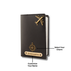 AICA Personalised Name & Charm Leather Passport Cover Holder for Men & Women (Black)