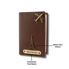 AICA Personalised Name & Charm Leather Passport Cover Holder for Men & Women (Darkbrown)