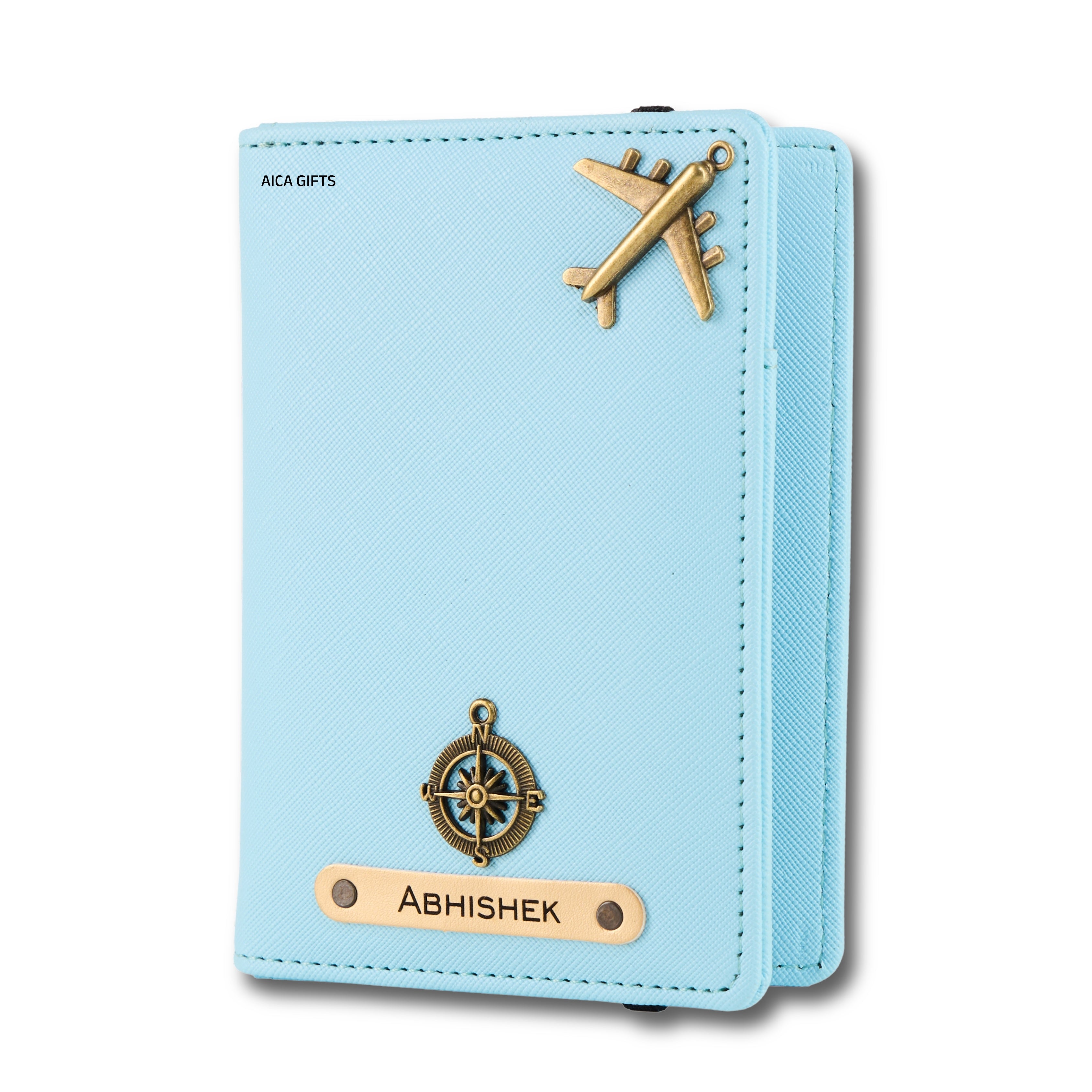 AICA Personalised Name & Charm Leather Passport Cover Holder for Men & Women (Babyblue) | Gifts for Man | Gift for Woman | Return Gifts for Birthday | Passport Cover for Men & Women