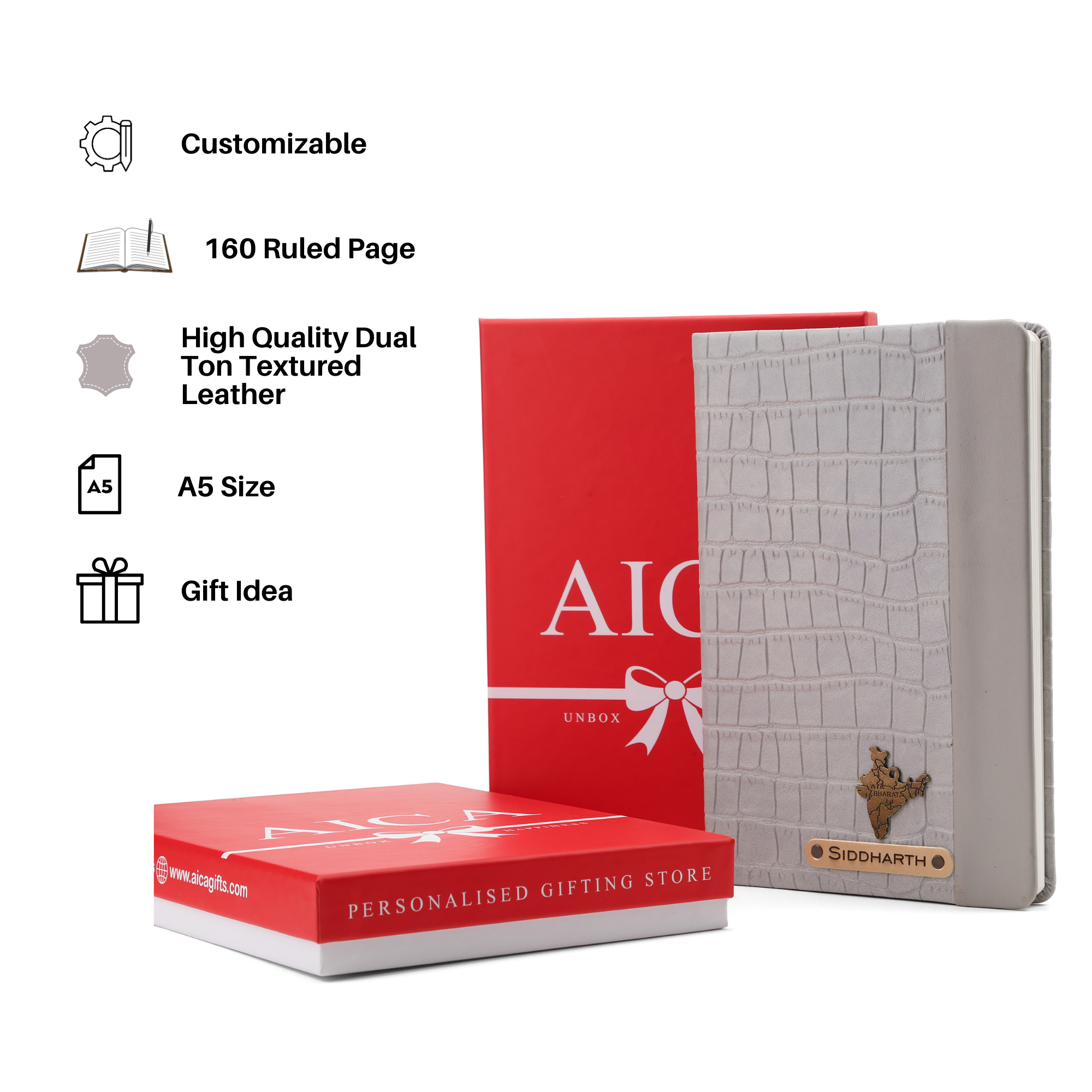 Personalized Leather Notebook Diary -A5 Size, 180 Ruled Pages (Baby Grey)