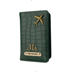 AICA Personalized Name & Charm Self –Textured Leather Passport Cover for Men & Women (DarkGreen)