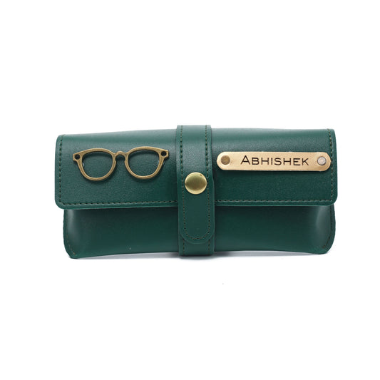 AICA Personalised Name & Charm Leather Sunglass Case Cover for Men & Women ( Dark Green )