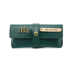 AICA Personalised Name & Charm Leather Sunglass Case Cover for Men & Women ( Dark Green )