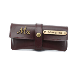 AICA Personalised Name & Charm Leather Sunglass Case Cover for Men & Women (Dark Brown)