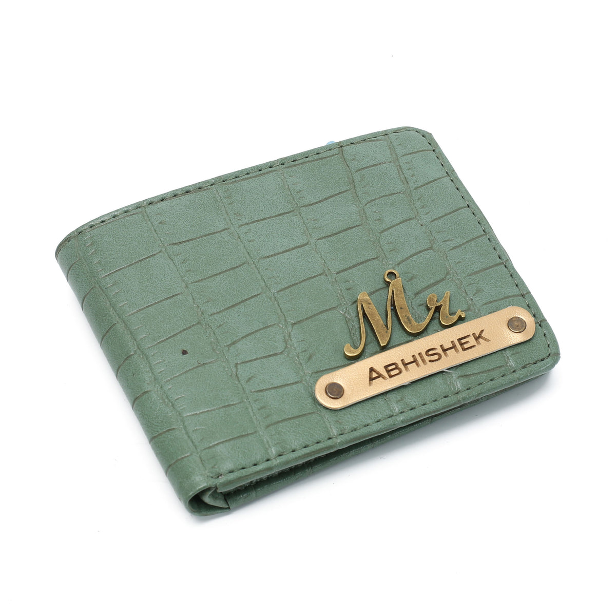 AICA Personalized Name & Charm Self – Textured Leather Mens Wallet (MintGreen)