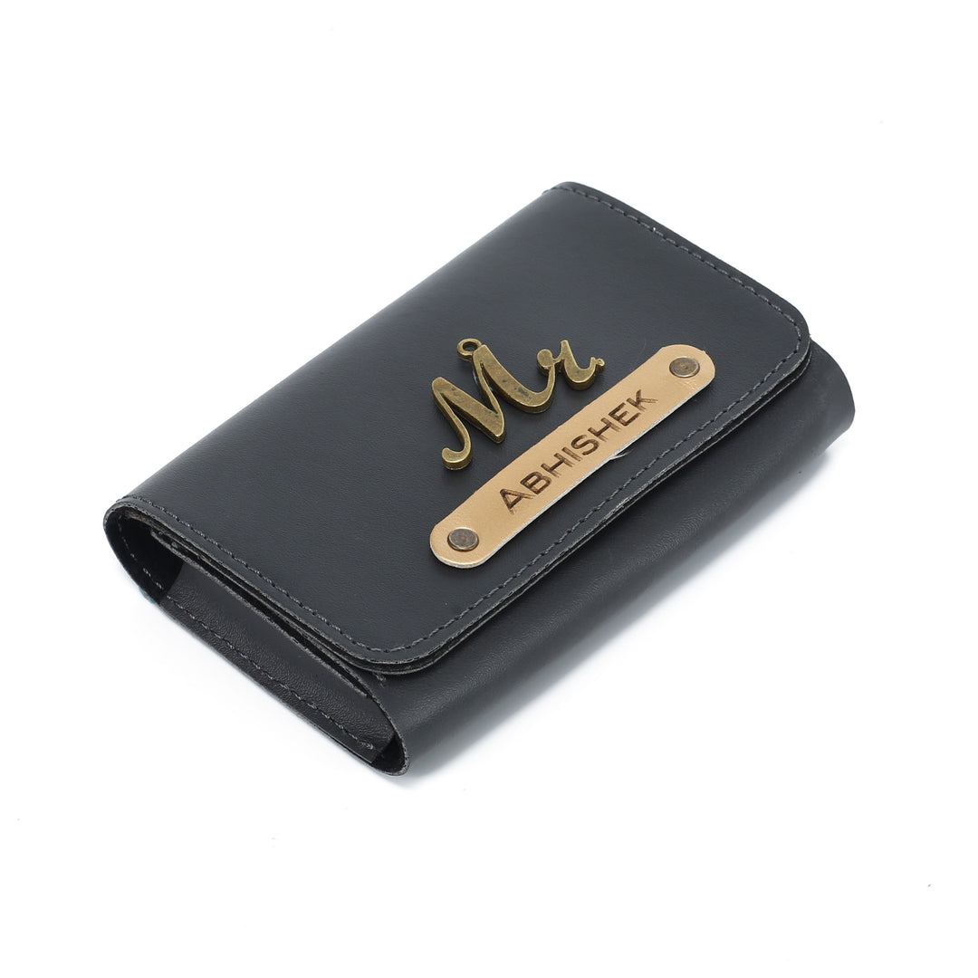 AICA Personalized Name & Charm – Small Pocket Size Leather Credit Debit Visiting Card Holder Wallet Case for Men & Women (Grey)