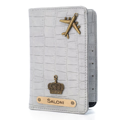 AICA Personalized Name & Charm Self -Textured Leather Passport Cover (BabyGrey)