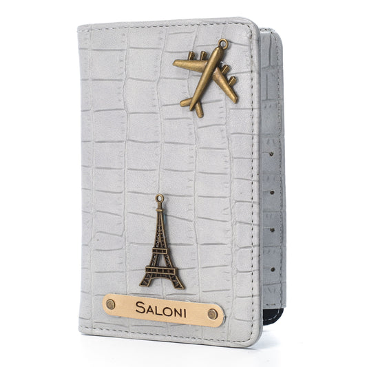 AICA Personalized Name & Charm Self -Textured Leather Passport Cover (BabyGrey)