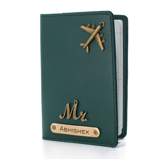 AICA Personalised Name & Charm Leather Passport Cover Holder for Men & Women (DarkGreen)