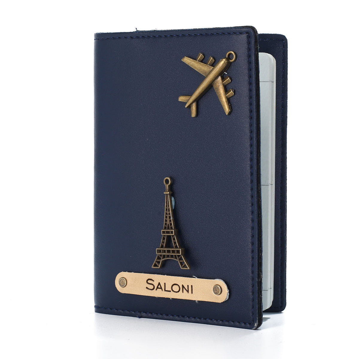 AICA Personalised Name & Charm Leather Passport Cover Holder for Men & Women (NavyBlue)