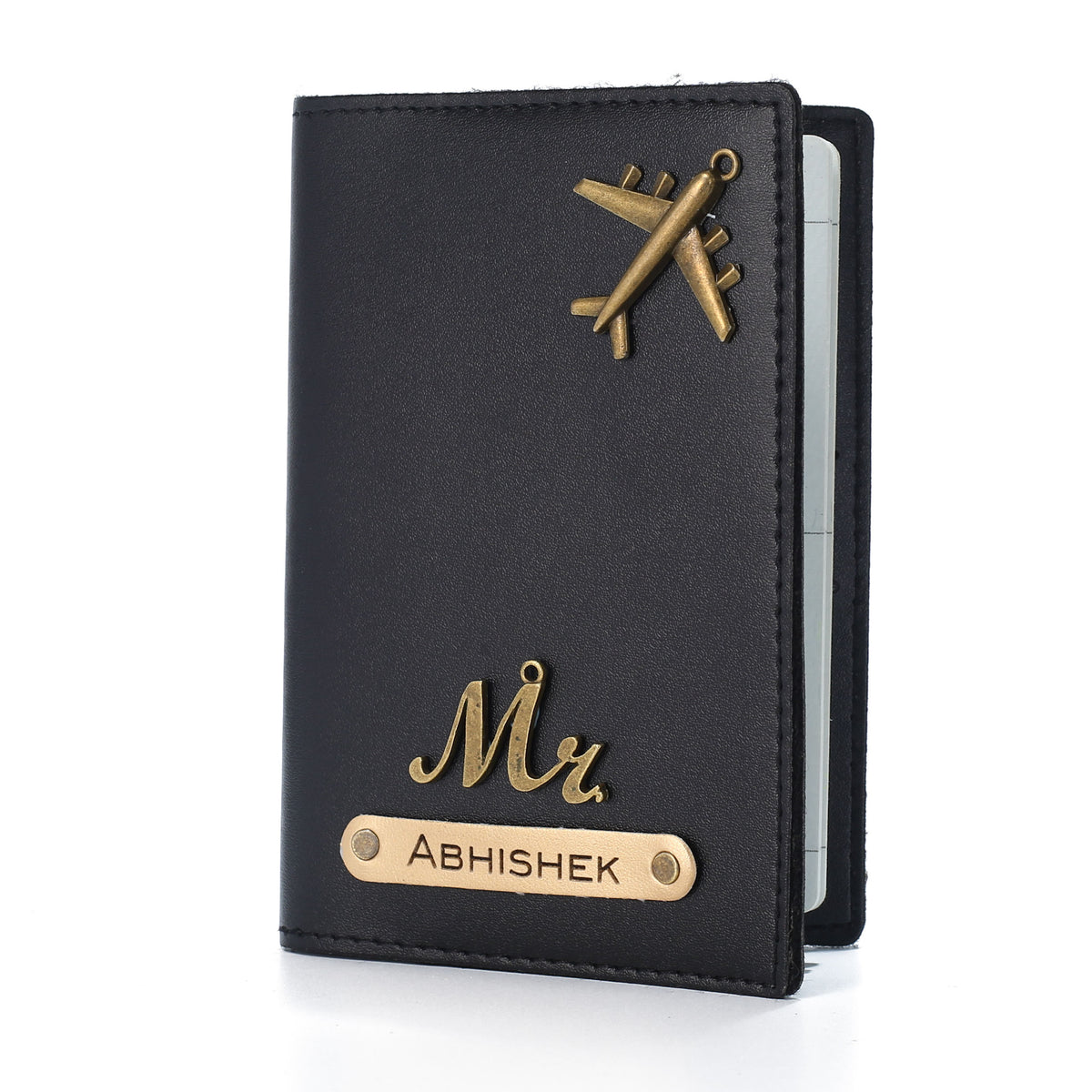 AICA Personalised Name & Charm Leather Passport Cover Holder for Men & Women (Black)