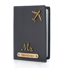 AICA Personalised Name & Charm Leather Passport Cover (Grey)