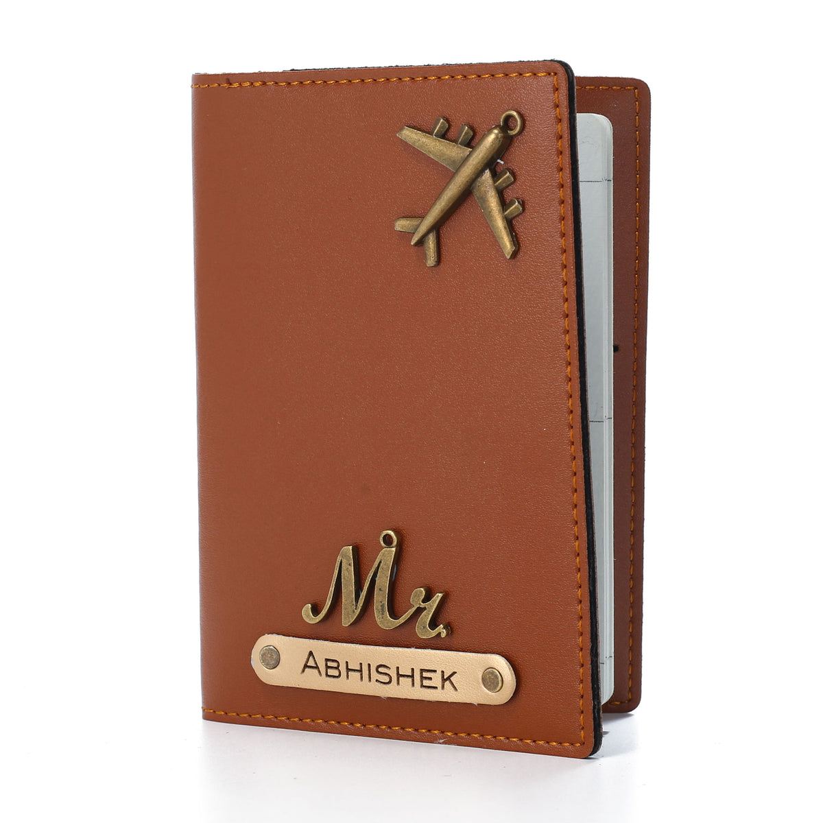 AICA Personalised Name & Charm Leather Passport Cover (TanBrown)