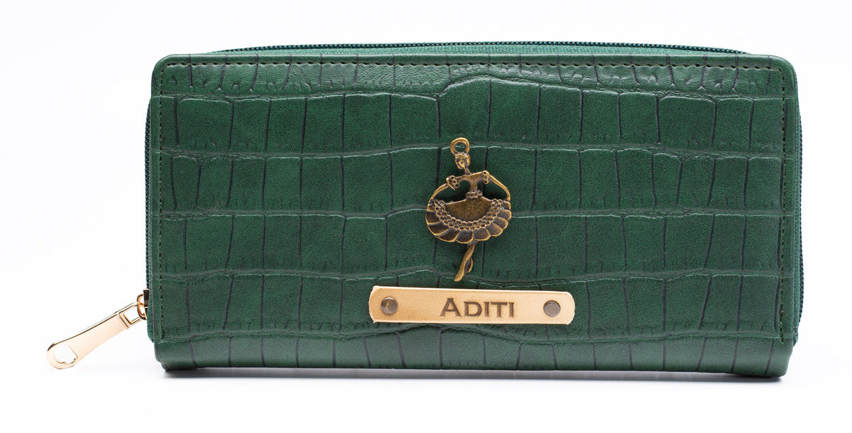 AICA Personalized Name & Charm Womens Leather Wallet - DarkGreen