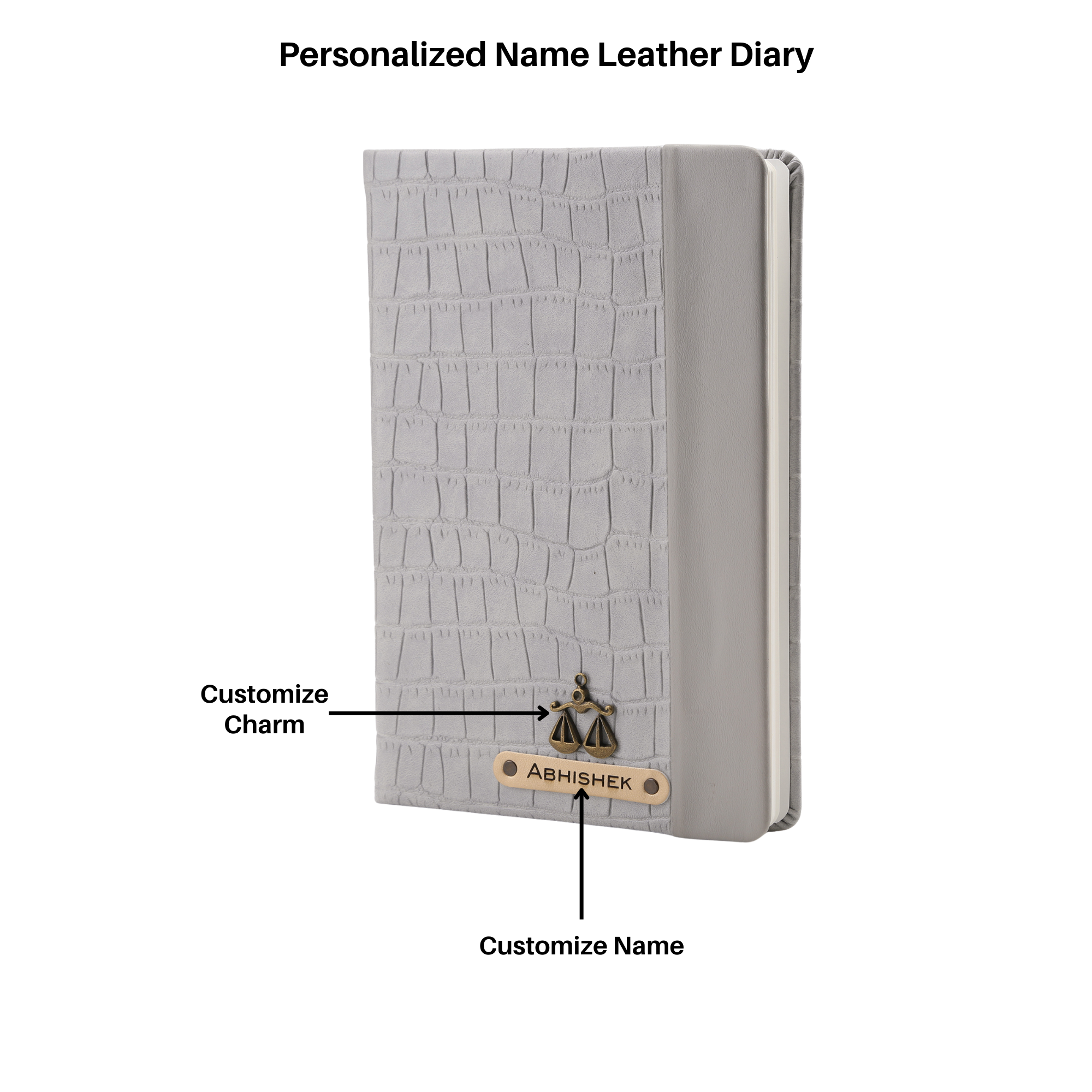 Personalized Leather Notebook Diary -A5 Size, 180 Ruled Pages (Baby Grey)