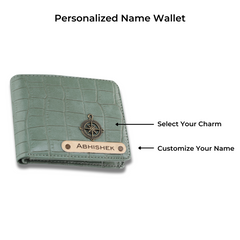 AICA Personalized Name & Charm Self – Textured Leather Mens Wallet (MintGreen)