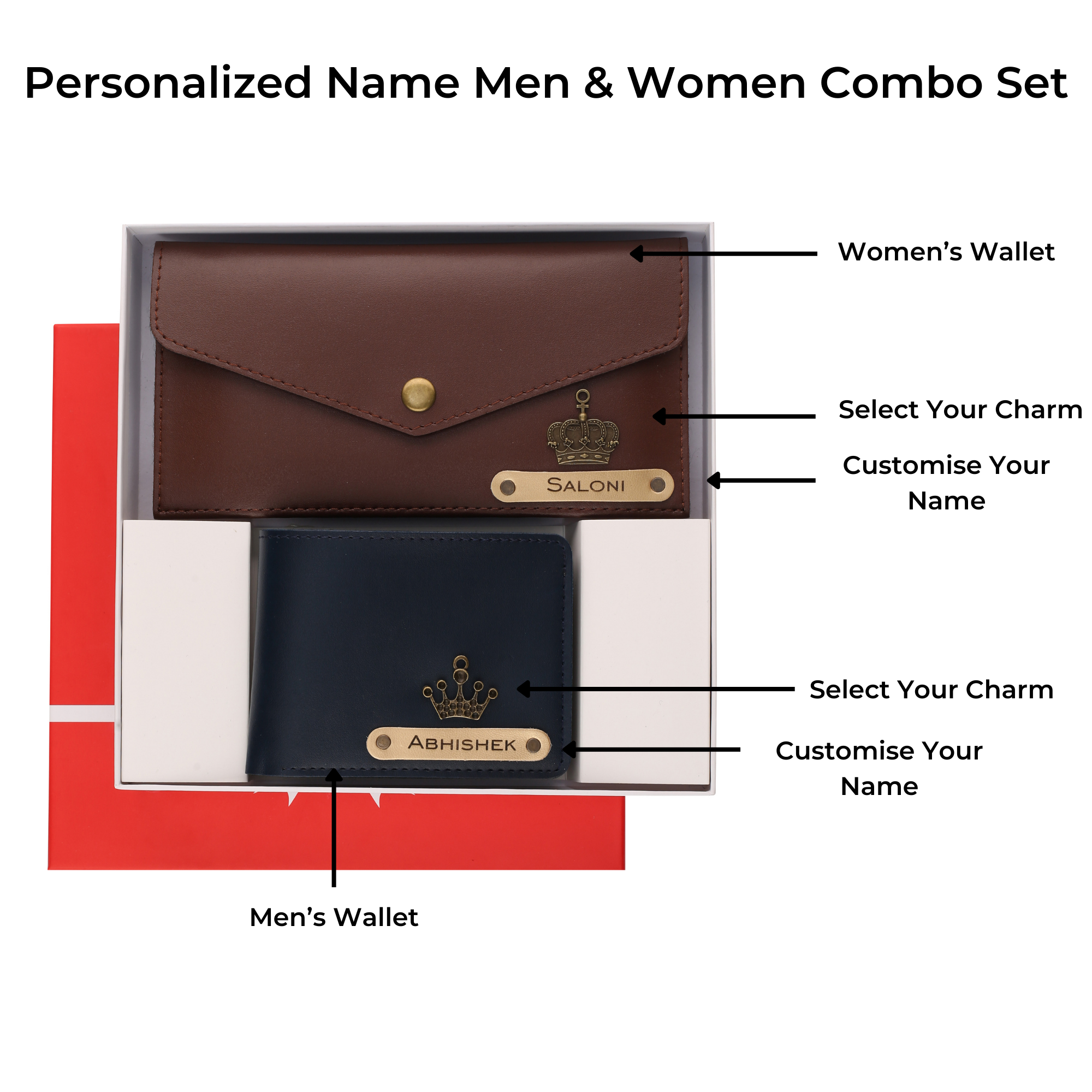AICA Personalized Name, Charm & Color Couple Wallet For Men & Women Combo Gift Set | Marriage Wedding Anniversary Gift For Couples, Friend, Husband ,Wife