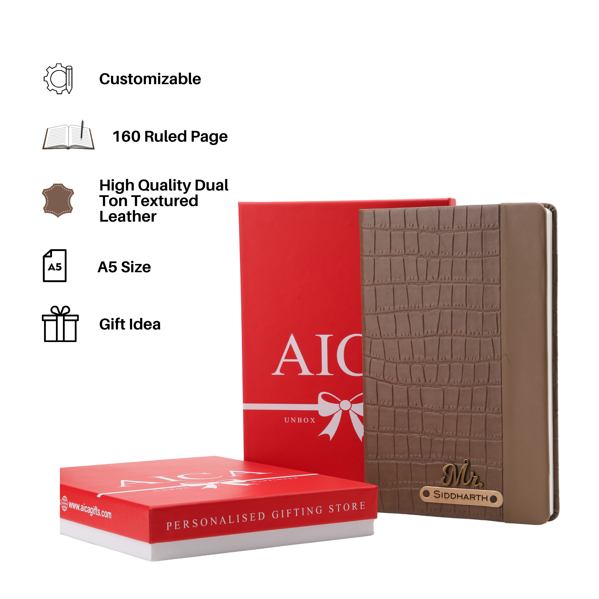 Personalized Leather Notebook Diary -A5 Size, 180 Ruled Pages (Light Brown)