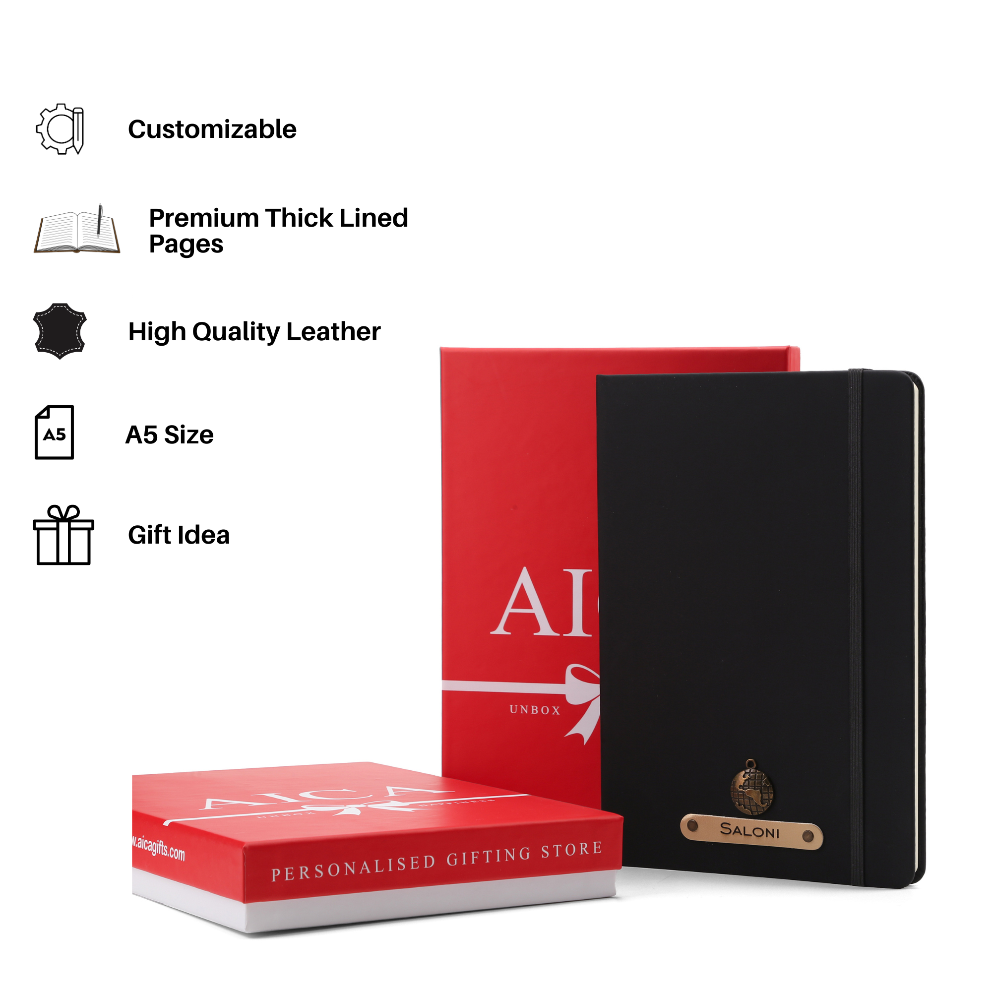AICA Personalized Name & Charm Leather Notebook Diary - A5 Size, 180 Ruled Pages (Black)