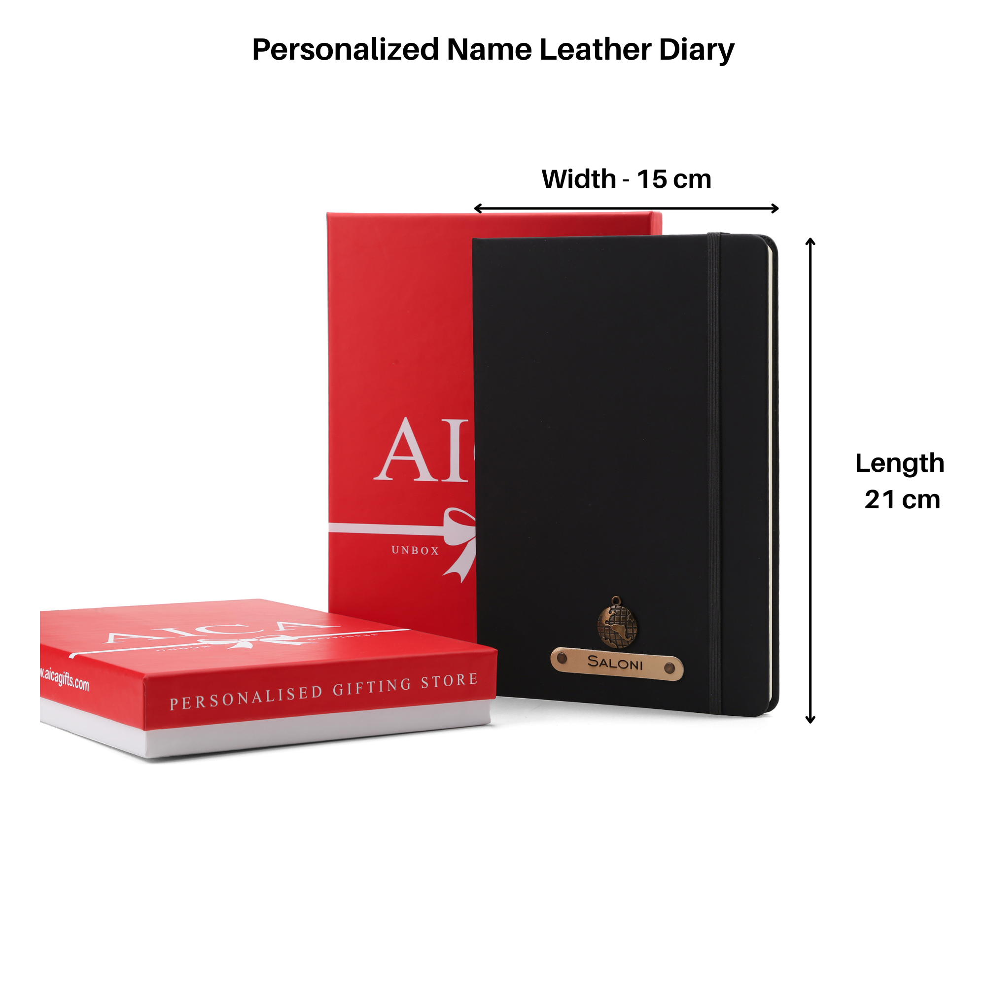 AICA Personalized Name & Charm Notebook Leather Diary - A5 Size, 180 Ruled Pages (Black) & Pen Golden for Men & Women