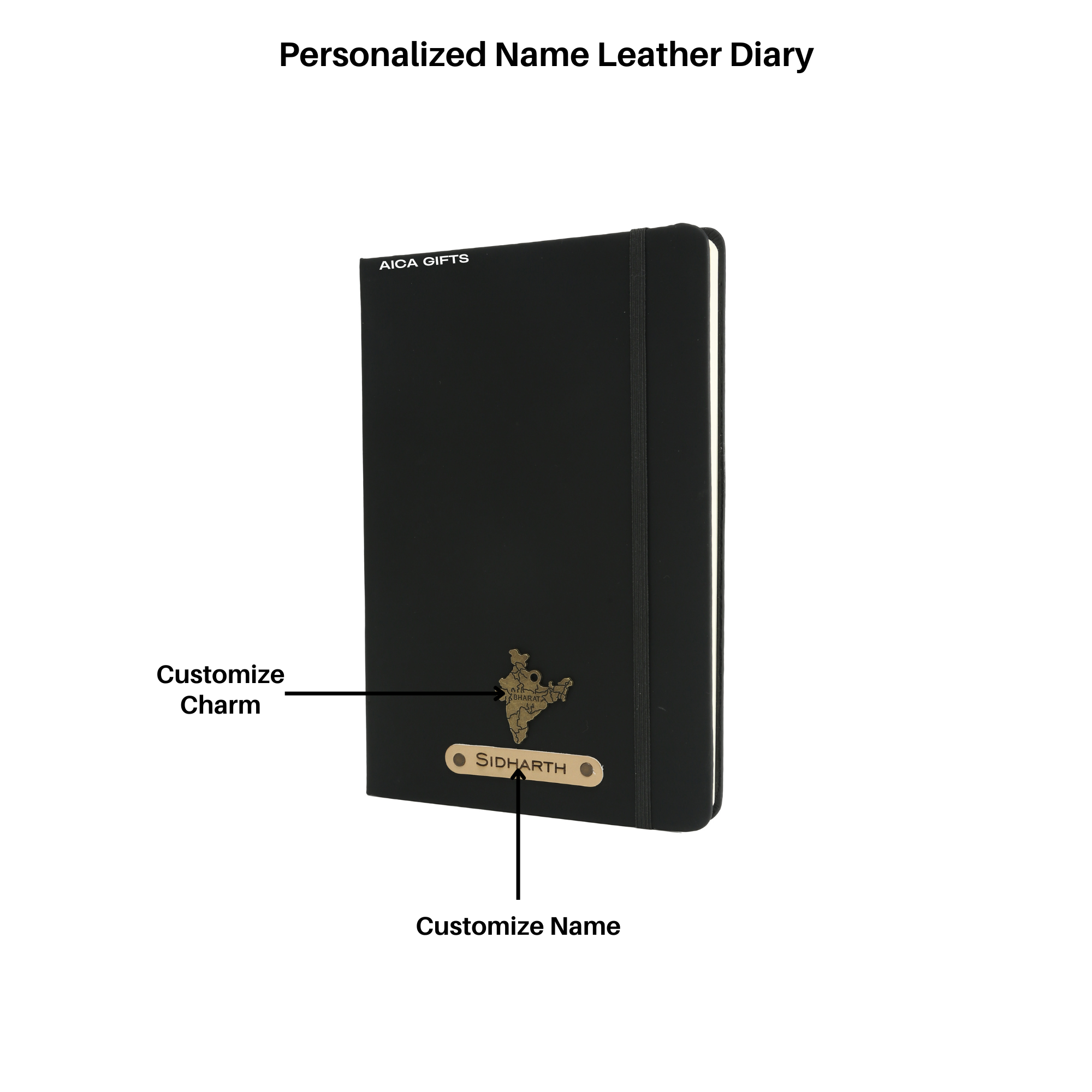 AICA Personalized Name & Charm Leather Notebook Diary - A5 Size, 180 Ruled Pages (Black)