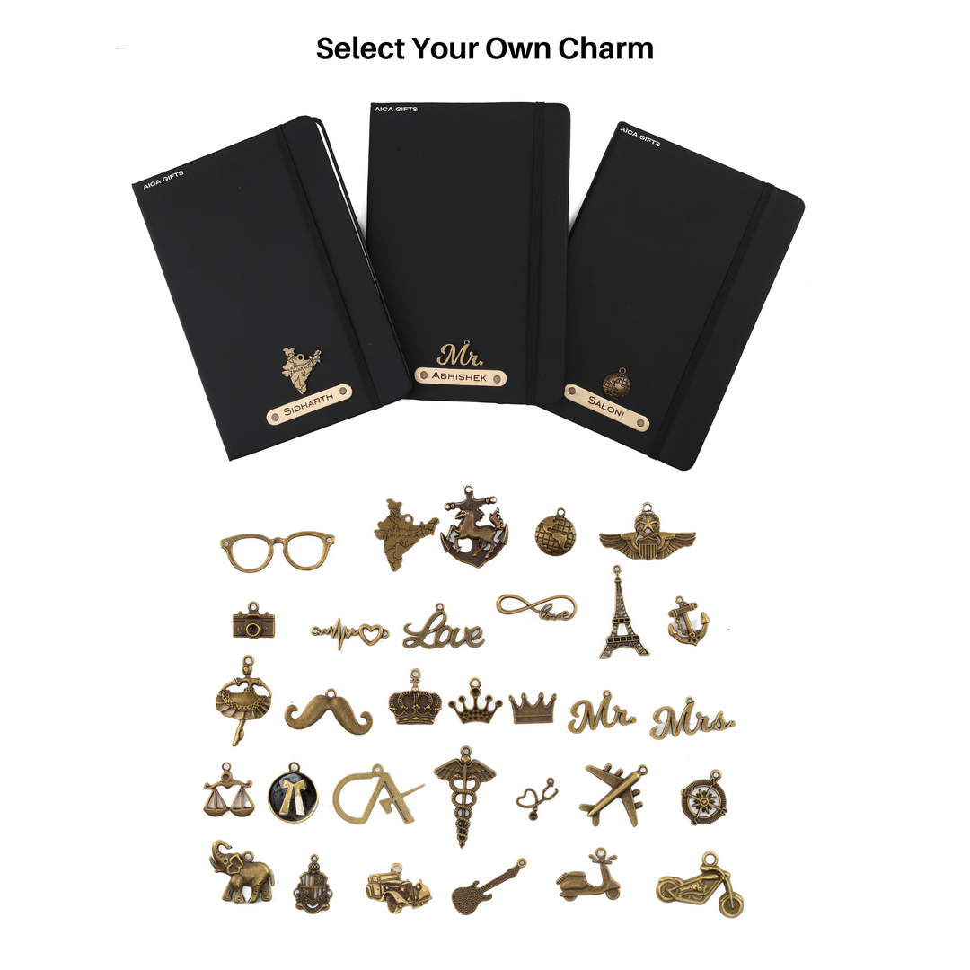 AICA Personalized Name & Charm Notebook Leather Diary - A5 Size, 180 Ruled Pages (Black) & Pen Golden for Men & Women